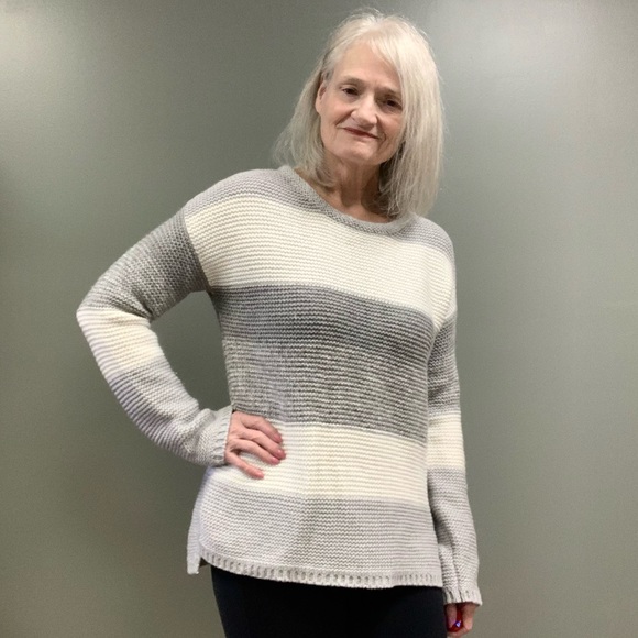 Calvin Klein Jeans Textured Gray Cream Striped Colorblock Metallic Sweater MD - Picture 9 of 14